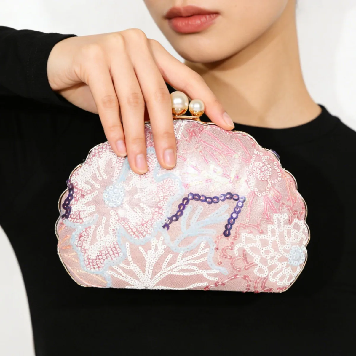 

New bead embroidered shell clutch bag cheongsam dress dinner bag shoulder oblique chain women's bag