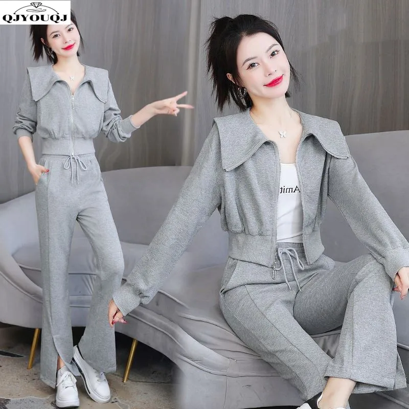 Fashion suit 2024 autumn new style temperament doll collar cardigan top casual sports pants two-piece set