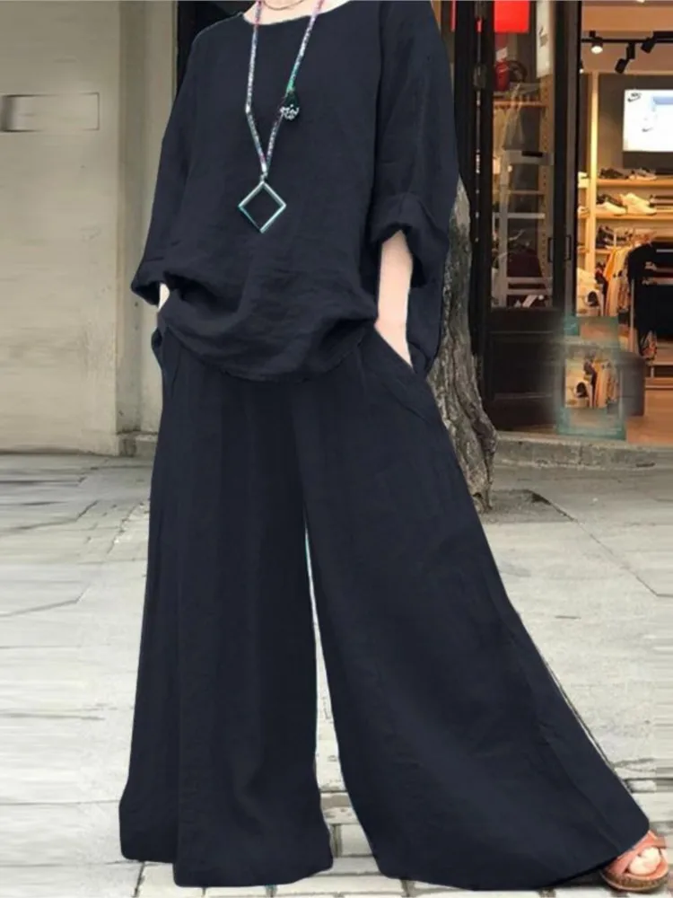 Spring Cotton Linen Women Pocket Suit Black Loose Top Wide-leg Pants Sets 2024 Female Summer Trendy Casual Elegant Suits Ladie