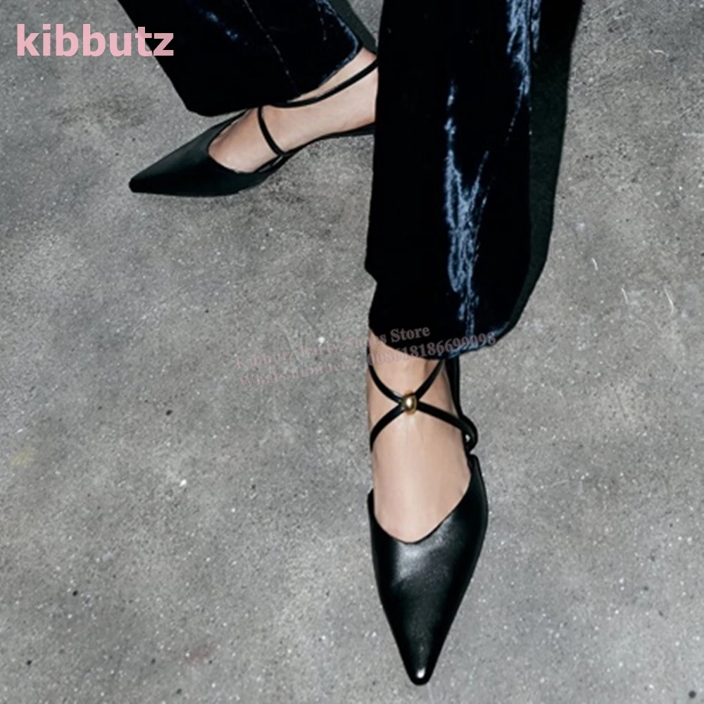 Genuine Leather Ankle Buckle Pumps Pointed Toe Kitten Heel Solid Color Black Fashion Concise Sexy Party Dress Women Shoes Newest