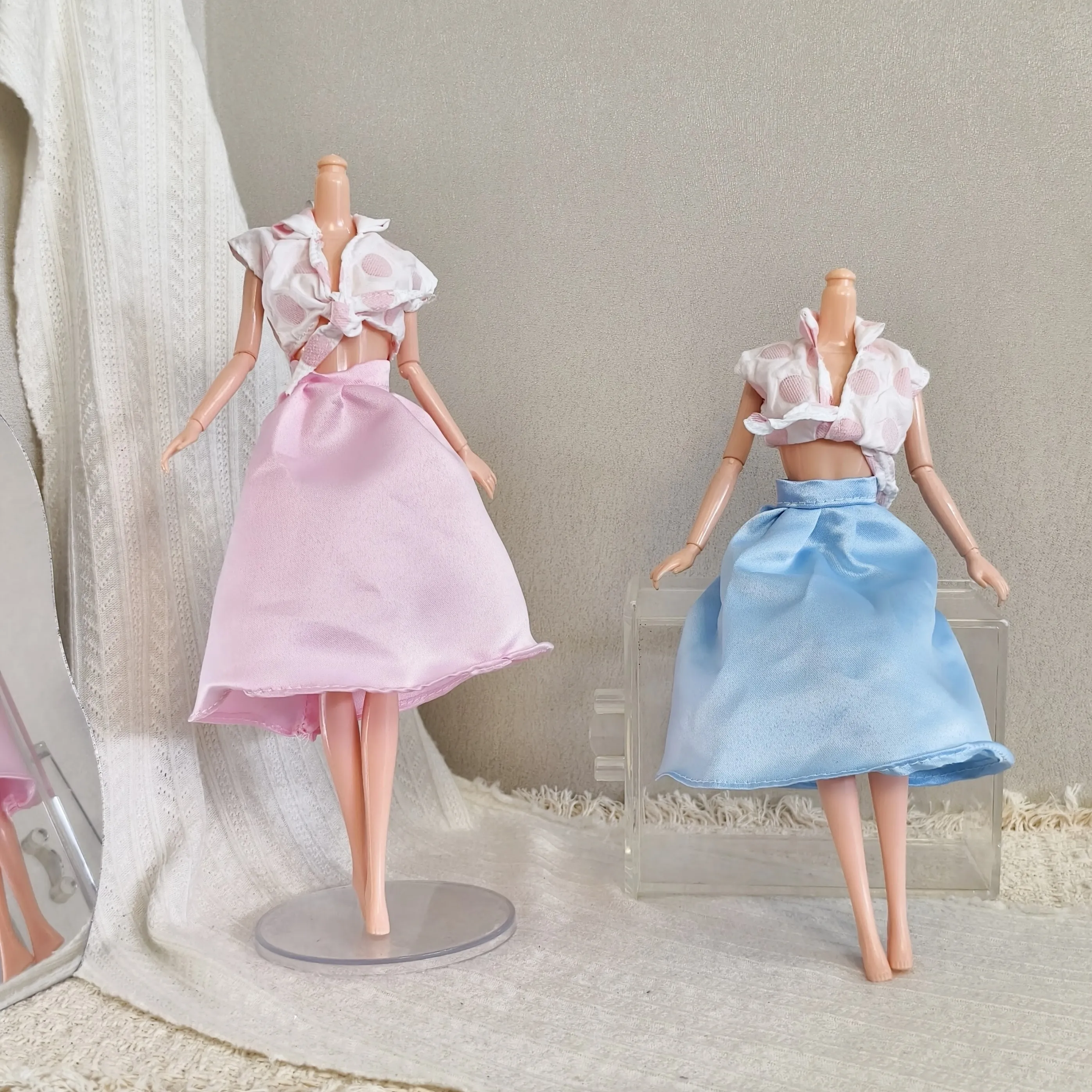 Summer Sweet Fresh Look Polka-dot Shirt + Satin Half-skirt Set For 1/6 FR Babi Supermodel Doll 30cm Doll Clothes Accessories