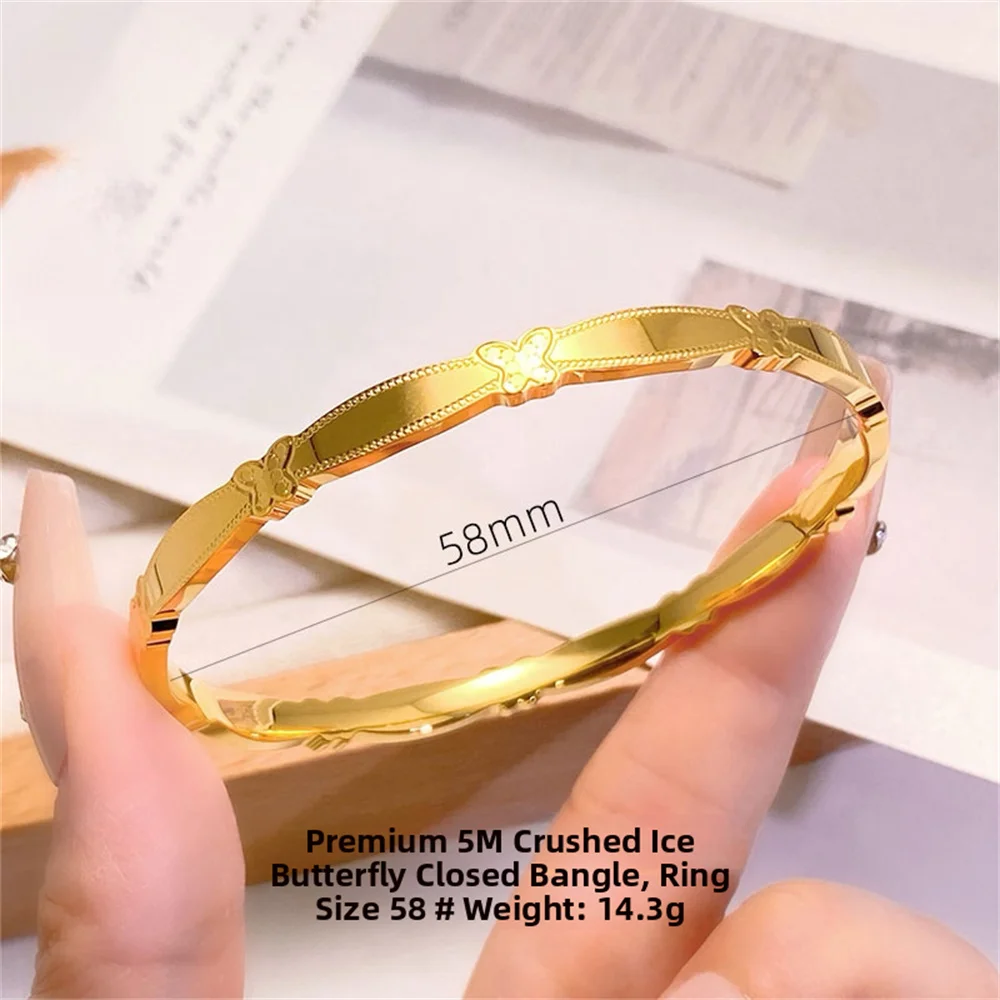 OUYADI 14K Gold Plated Stainless Steel Four Leaf Clover Solid Bangle, Retro Engraved Thin Luxury Women Jewelry Gift Wholesale