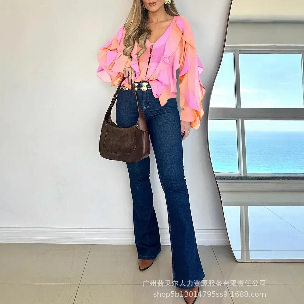 

Shoulder Asymmetrical Women Shirt Ombre V Neck Ruffles Blouse Casual Button Front Long Sleeve Top