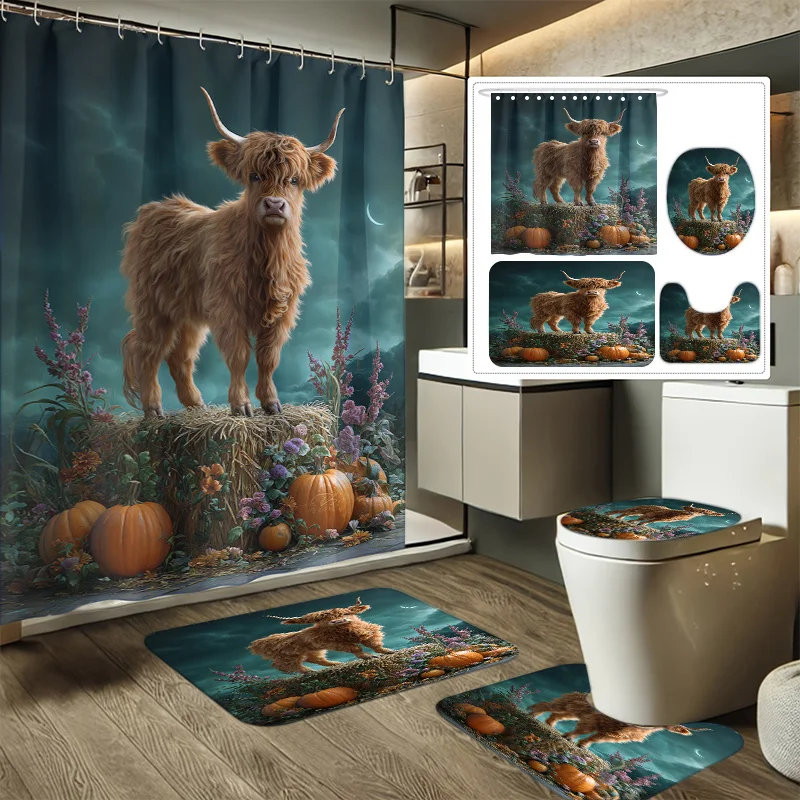 

4pcs Autumn Night Cow Shadow Jack-O'-Lantern Printed Shower Curtain Set, Ring Shower Curtain, Multi-Size, Decorative Bathroom