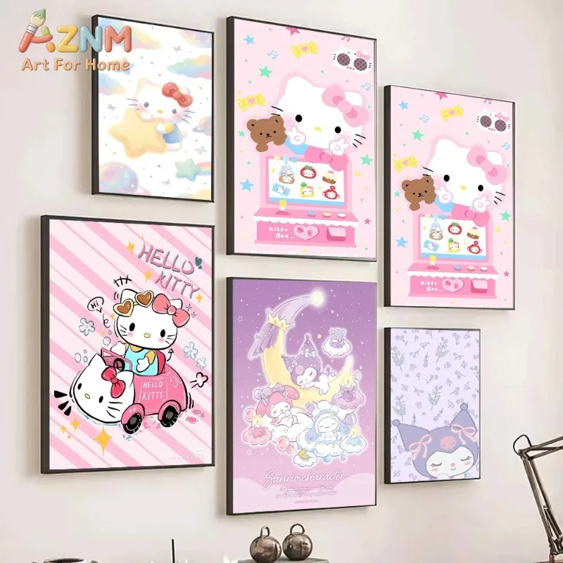 Hello Kitty My Melody Kuromi Cinnamoroll Canvas Poster Cute Sanrio Cartoon Print Unframed Canvas Art Rainbow