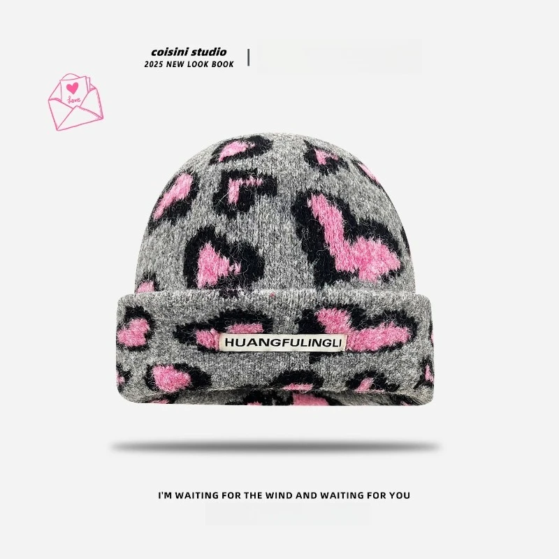 الكورية الخريف والشتاء شخصية الرجعية الحب ليوبارد طباعة البلوز القبعات للنساء الدافئة متماسكة Skullies Beanies #1