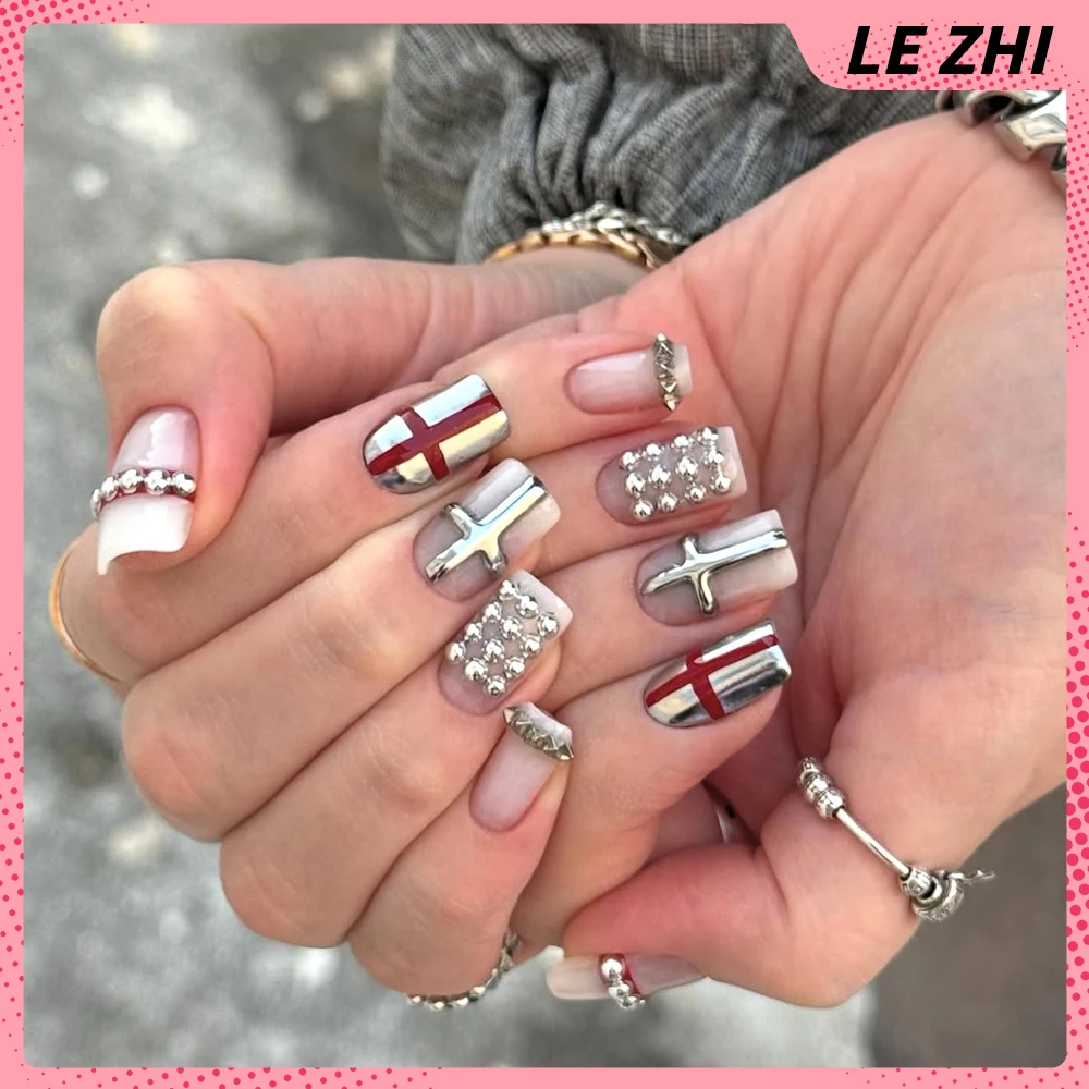 Y2K التوابل الفتيات 10 قطعة اليدوية القوطية الشرير الصحافة على رسومات أظافر مربع عارية اللون المعادن إلكتروني تصميم الأظافر كاذبة هدايا مخصصة