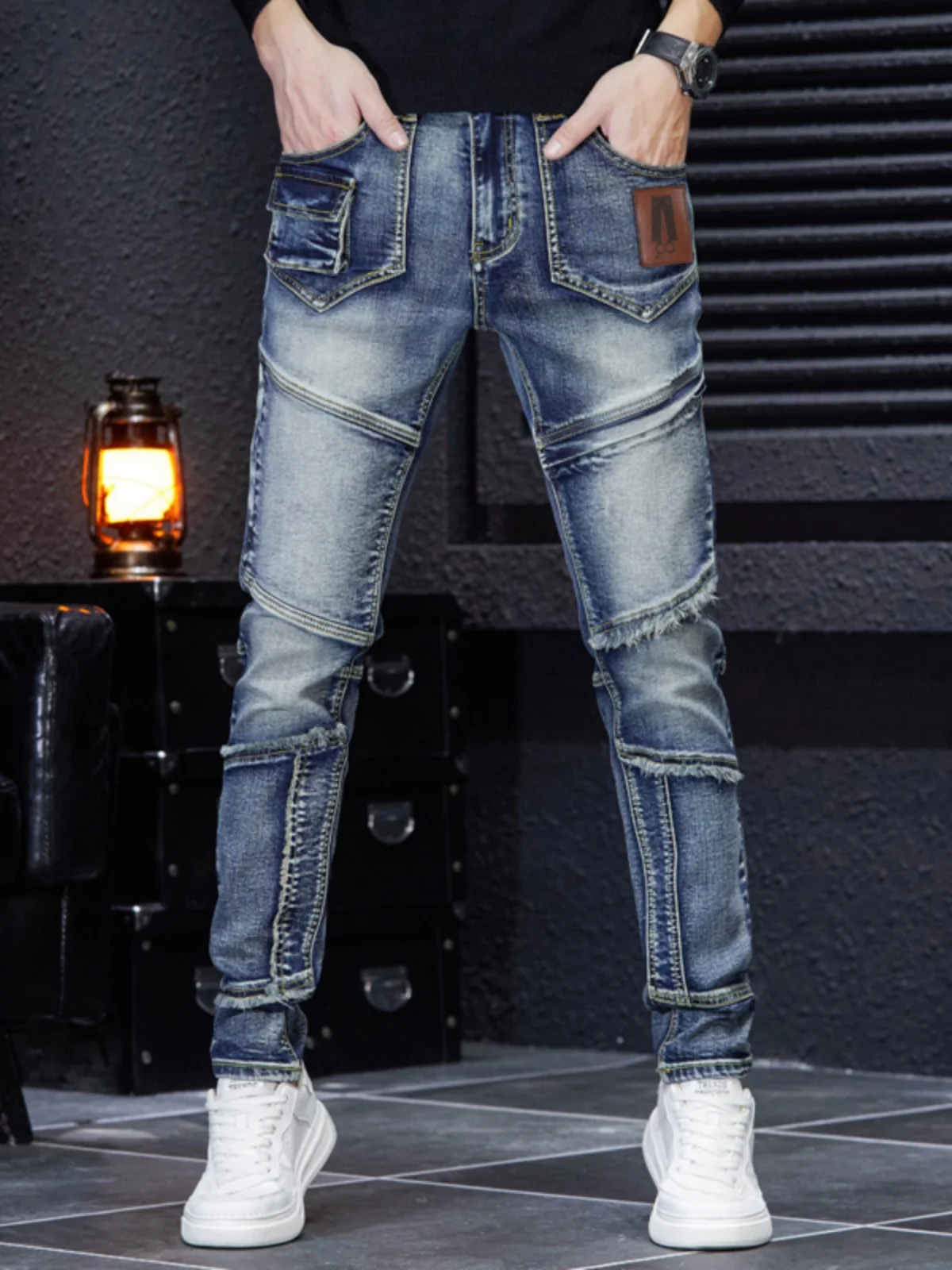 

American High Street Biker Jeans Men's Trendy Brand Spring Autumn Elastic Slim Fit Casual Long Pants Cotton Stretch Denim