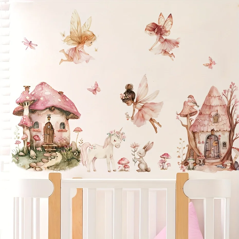 2D flat design, one self-adhesive wall sticker featuring fairies and unicorns - pink princess-themed room decoration, perfect fo