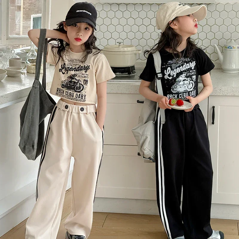 summer teenage girls clothes set cotton short T-shirt+Casual wide leg pants 2pcs 4-14 kid tracksuits child outfit ensemble fille