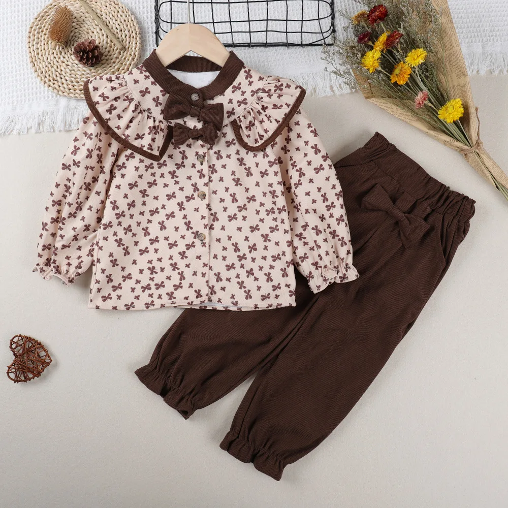 

Girls Set Spring and Autumn Korean Style Western-style Long Sleeved Sweatshirt Butterfly Knot Corduroy Casual Pants Daily Wear