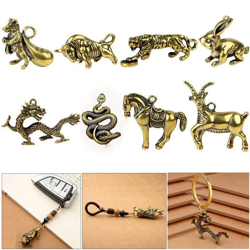 Desk Decoration Handmade Lines Bull Ornament Sculpture Key Pendant Copper Miniatures Figurines Keychain Accessories