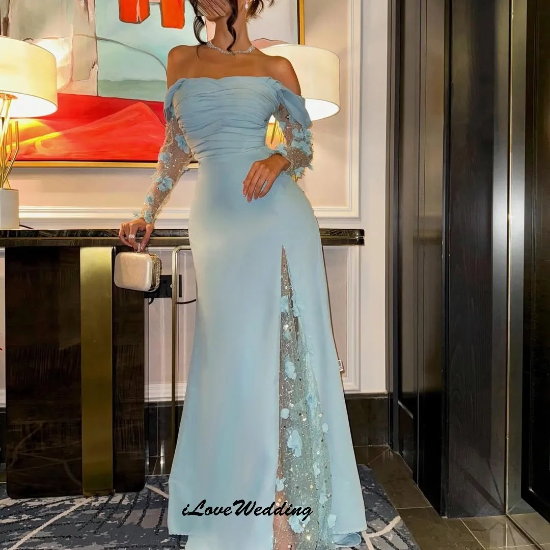 فساتين سهرة مخصصة باللون الأزرق قبالة الكتف 2025 أنيقة مطوي للنساء فستان الحفلات ثلاثية الأبعاد زهرة الدانتيل فساتين رسمية للنساء