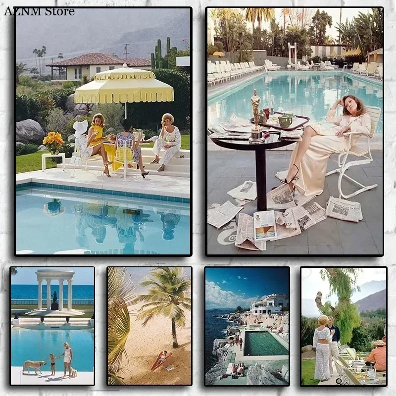 Palm Pool Party The Upper Class Society In 19th Century Slim Aarons Photography Canvas Painting Posters Room Home Wall Art Decor