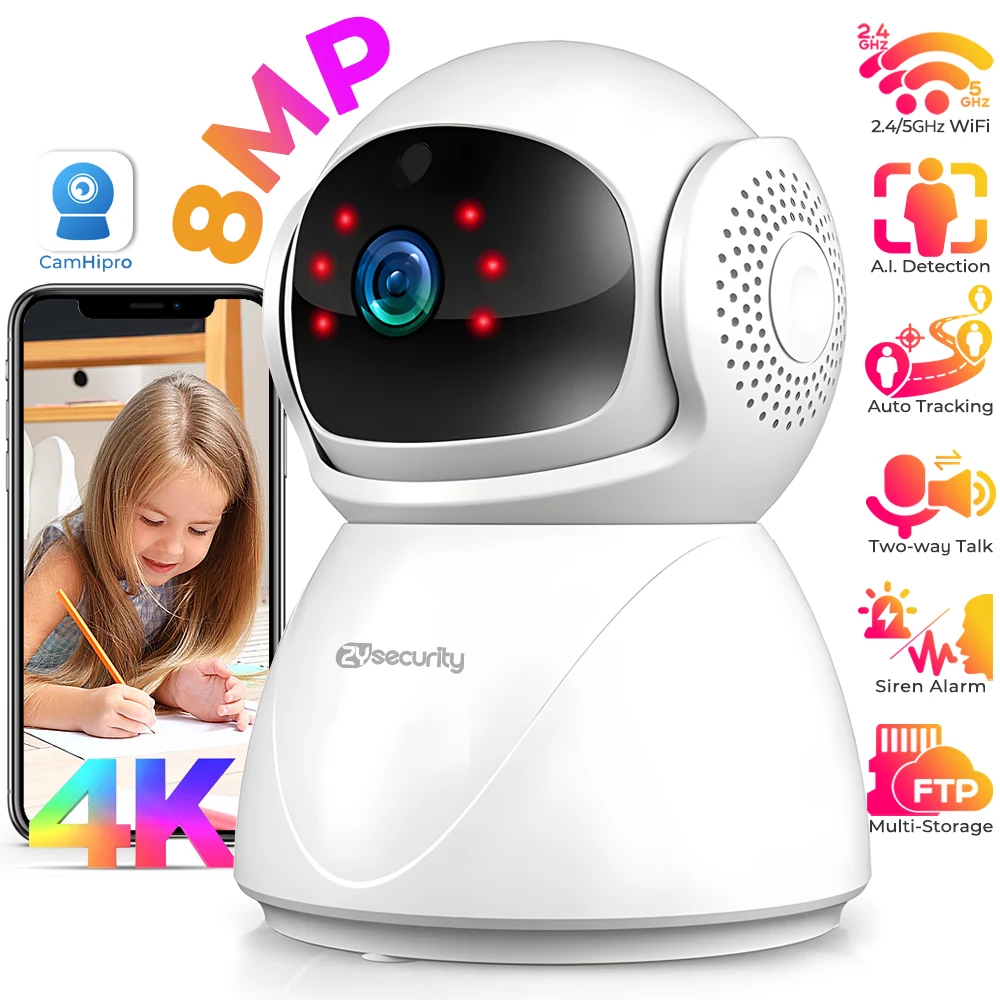 4K 8MP WiFi Smart Home Security กล้องในร่มกล้องสัตว์เลี้ยง/Baby Monitor, 2.4/5 GHz Wi-Fi Humanoid ติดตาม Pan/Tilt IP กล้อง LAN
