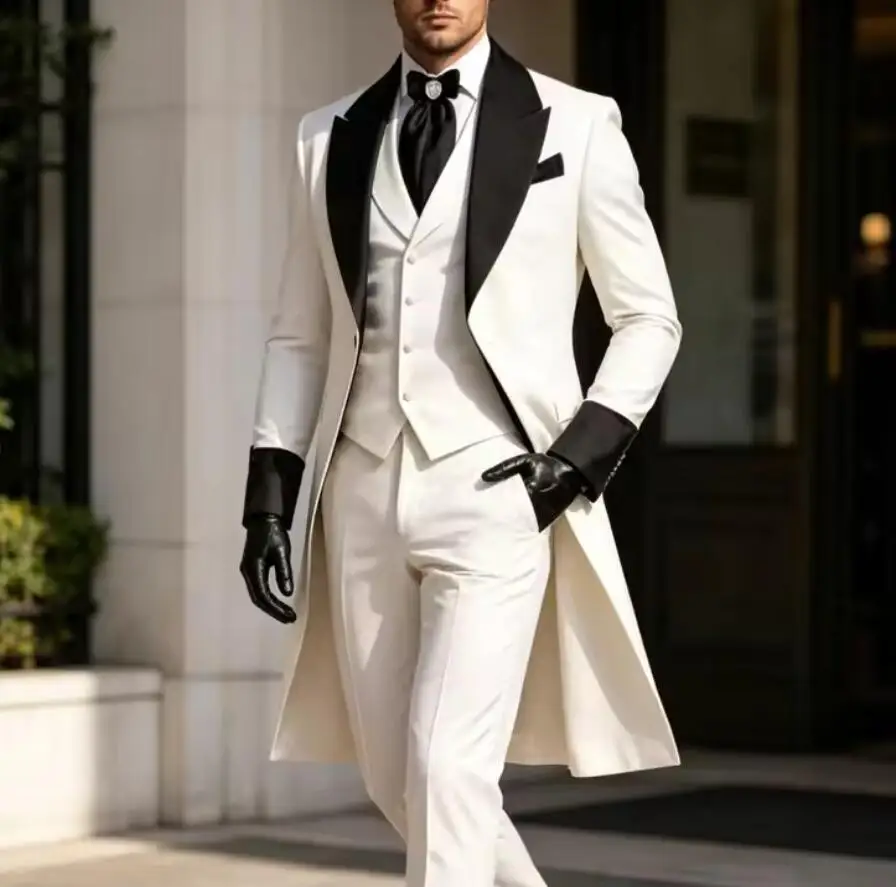 White with Black Lapel Long Blazer Formal Men Suits Wedding Party Groom Prom Business Male Tuxedos 3 Piece Set Jacket Vest Pants