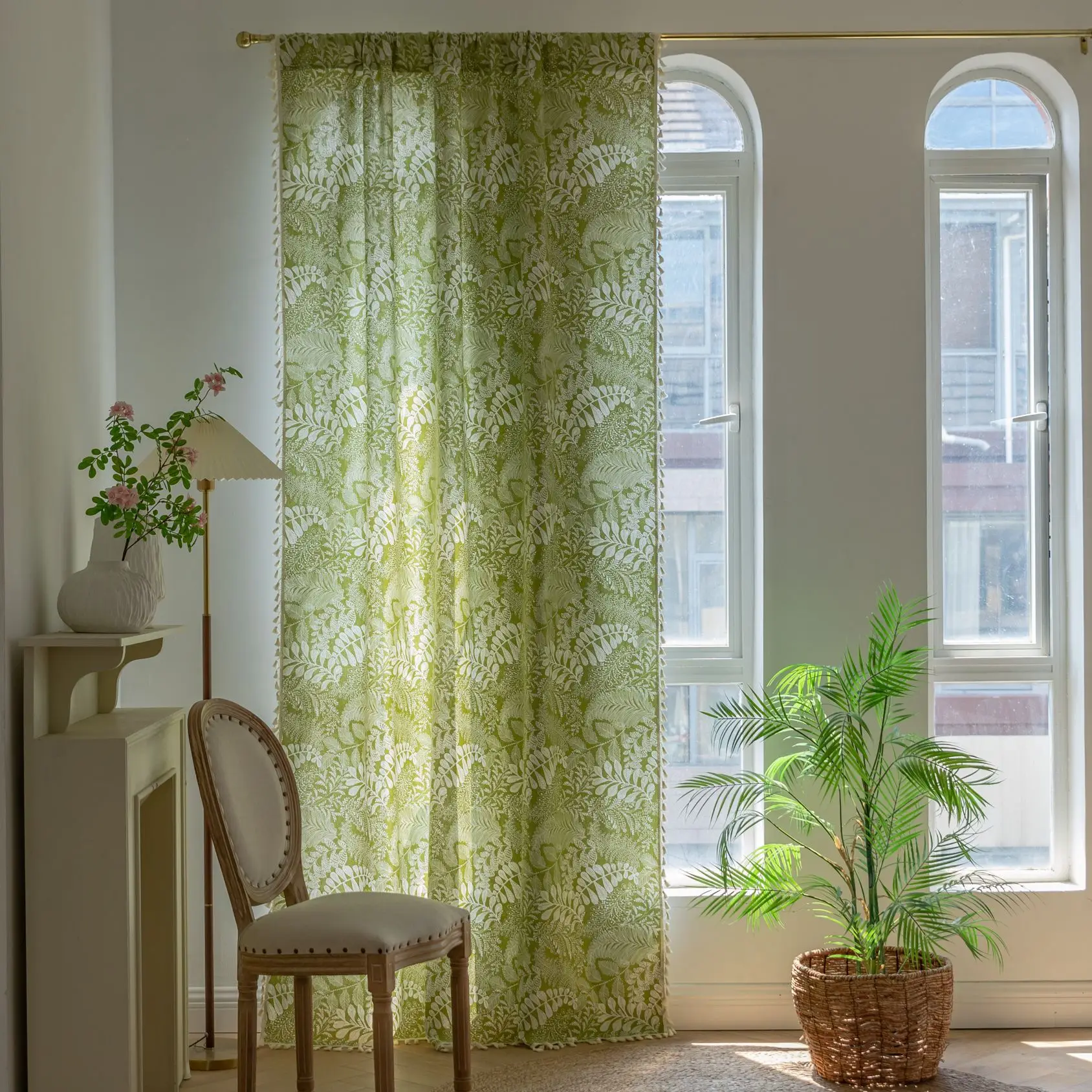 1PC Bohemia Printed Cotton Linen Curtain with Tassel for Living Room Semi-shading Window Drapes Rod Pocket for Cafe Kitchen
