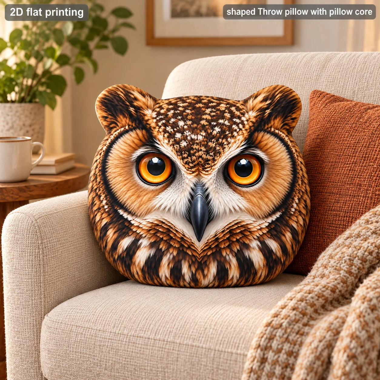 Autumn Owl Shaped Throw Pillow with Pillow Core Polyester Two Sided Print Decorative Cushion Sofa Bedroom Gift