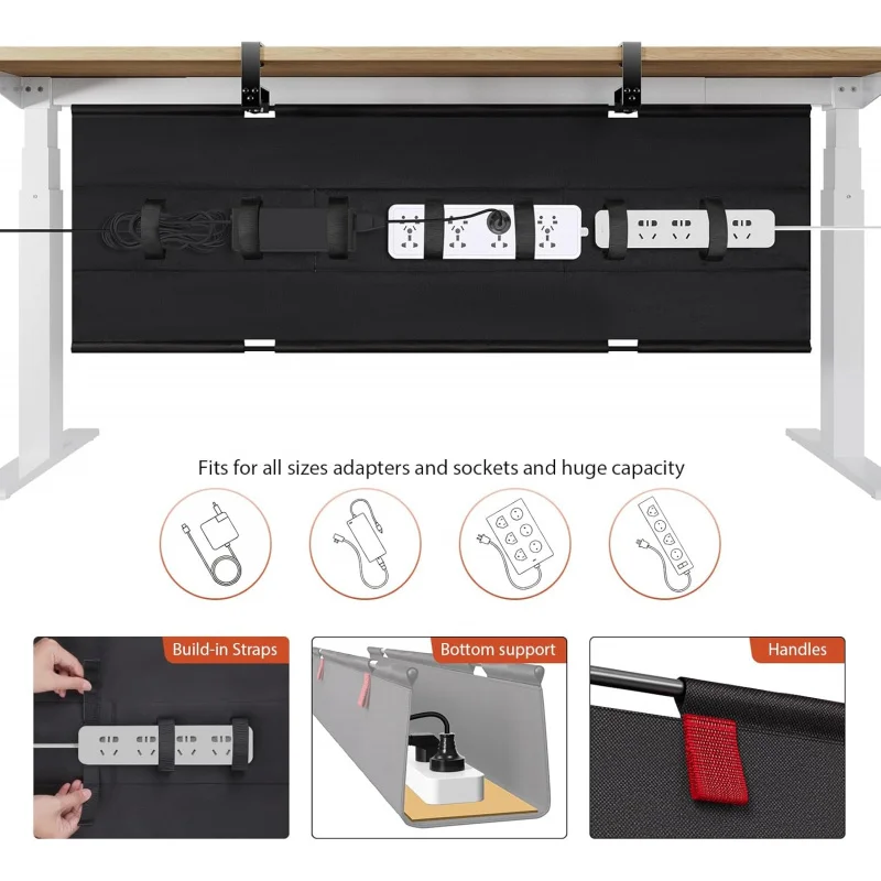No Drill Under Desk Management Tray, 48 Cord Organizer Table, Clamp/Screw Mount Desk Management, Premium Fabric
