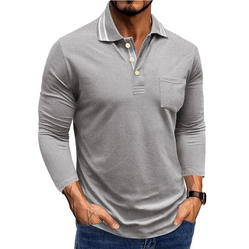 

Long Sleeve Turn Down Collar Polo Shirts Men Cotton Breathable Fashion Casual Polos Solid Business Tees Tops