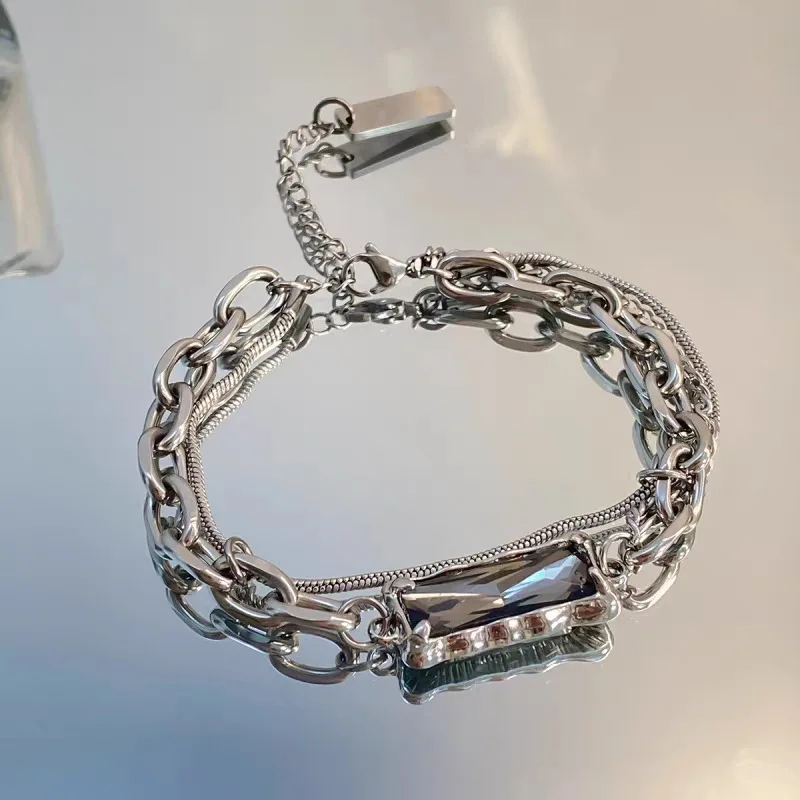 Stainless Steel Double-layer Wrapped Spliced Gray Crystal Bracelet For Men Women Hand Chain Accessories Fashion Jewelry Gift
