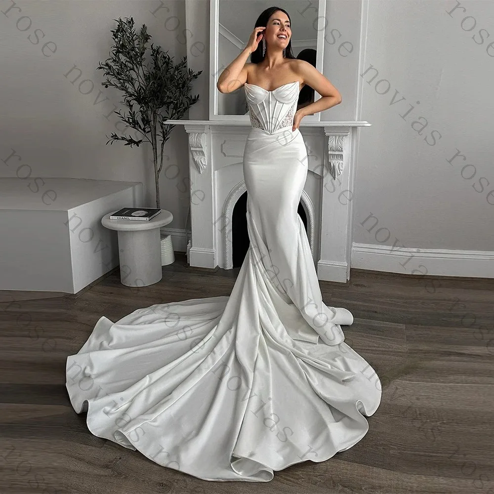 Customized 2026 Luxury Satin Mermaid Wedding Dress Strapless Corset Bodice Lace Detail Long Train Bridal Gown Sexy Backless