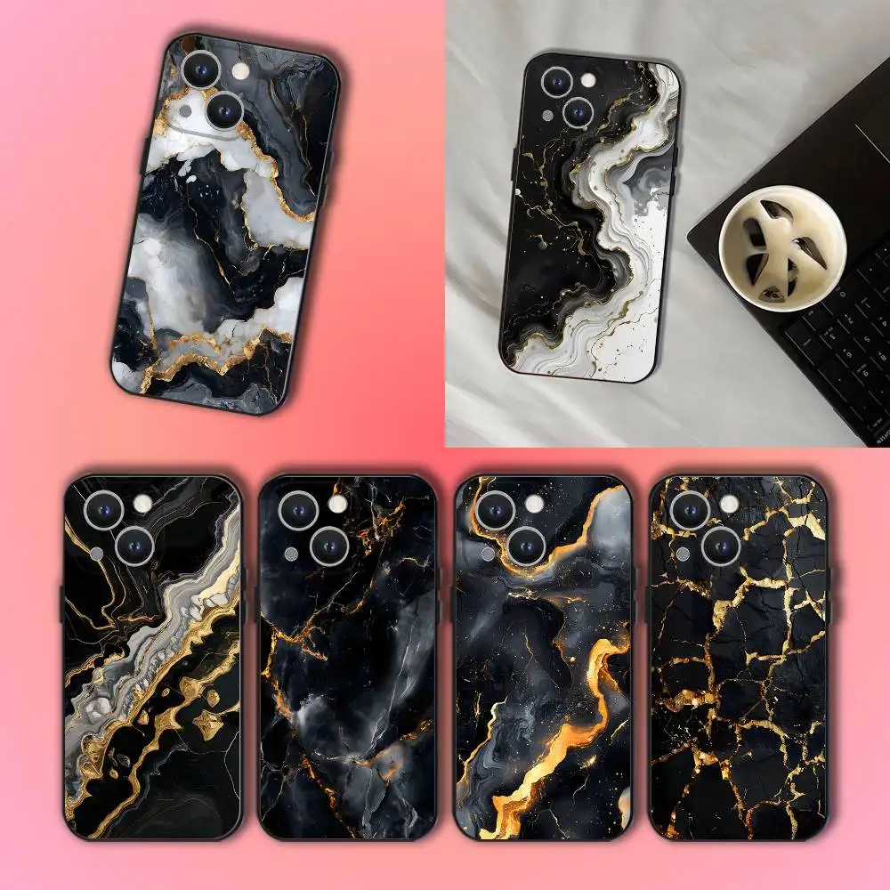 

B-Black Gold Marble Art Phone Case For iPhone 17,16,15,14,13,12,11,Pro,XS,Max,XR,Plus,E,SE4,Mini Black Soft Cover