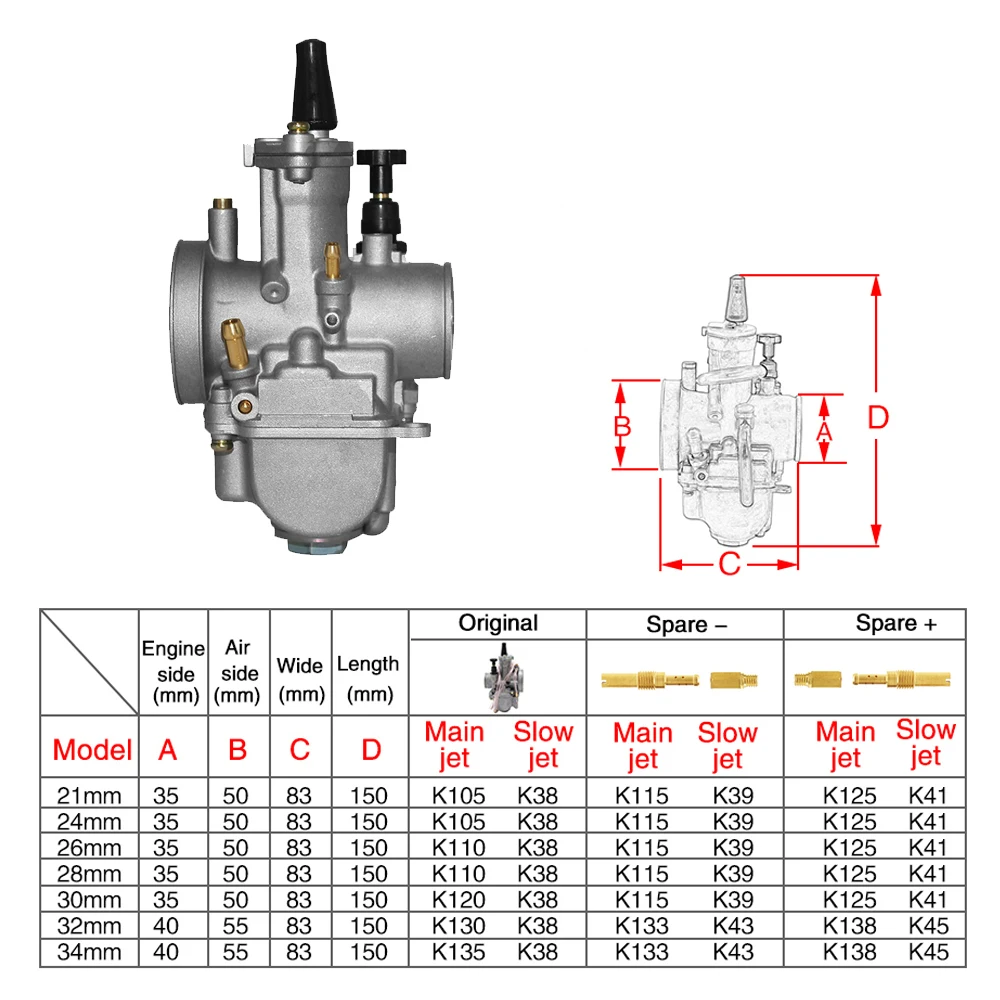 Popular Motorcycle Carburetor PWK 21 24 26 28 30 32 34 2T 4T fit for 50cc to 350cc engines For ATV