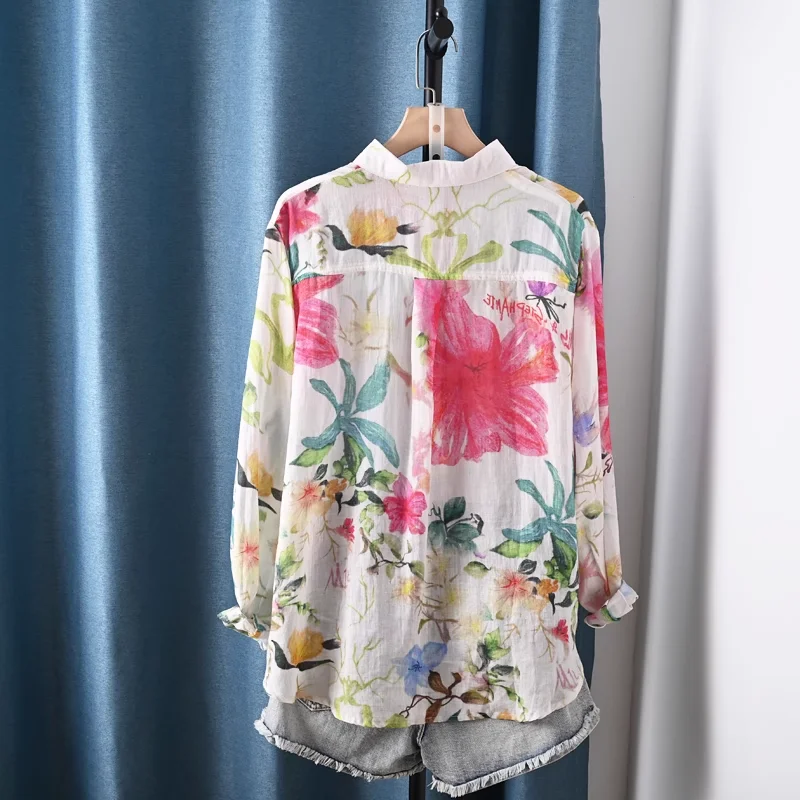 ملابس خريفية 2025 قمصان وبلوزات نسائية يابانية كلاسيكية من القطن والكتان 100% ملابس رامي بأكمام طويلة مُزينة بالزهور ملابس بوهو
