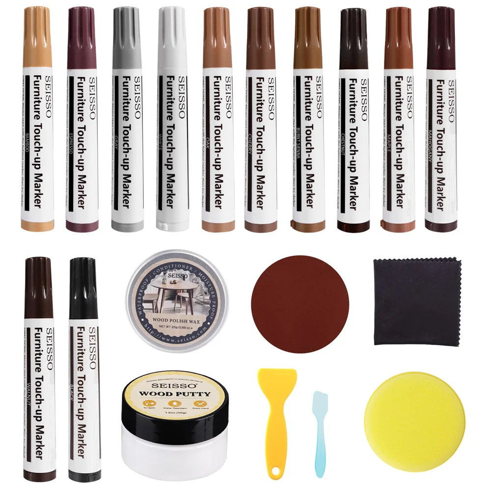 12Colors Furniture Touch Up Pen Upgrade Wood Scratch Repair Kit 19Pcs with Polish Wax Putty for Cracks Holes Stains Floors Table