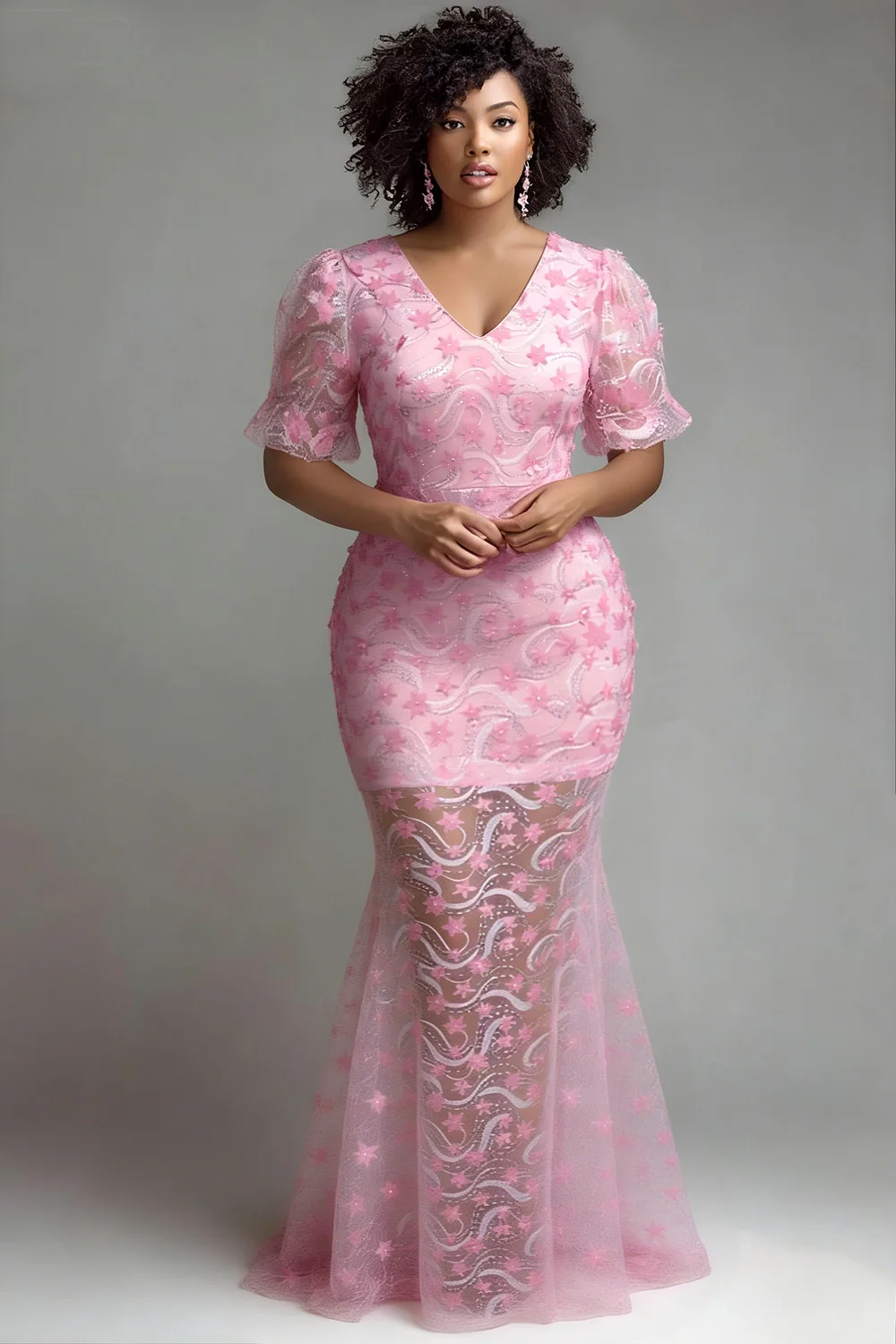 

Плюс размер Формальные розовые платья с V-образным вырезом и коротким рукавом 3D Элегантные платья макси русалки