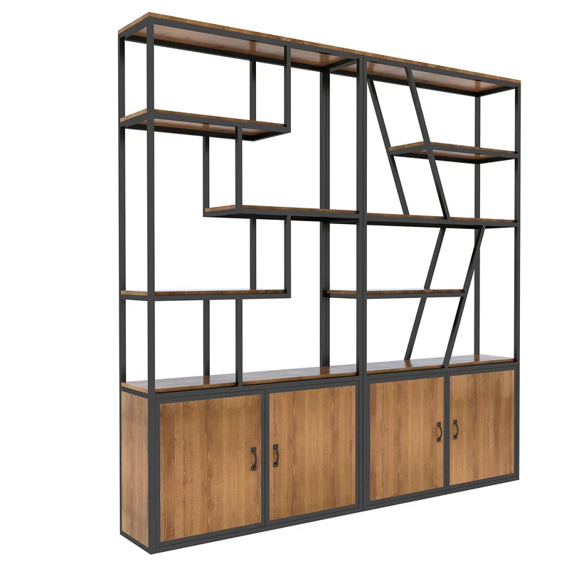 American solid wood wrought iron retro casual bookshelf industrial style office partition storage cabinet creative personality