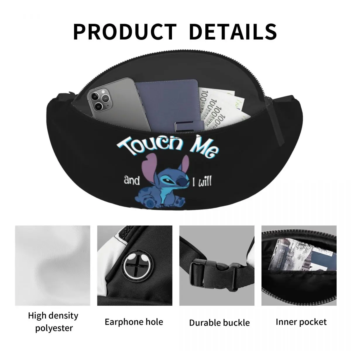 Custom Stitch Anime Fanny Pack Men Women Cool Touch Me I Will Bite You Crossbody Waist Bag for Traveling Phone Money Pouch