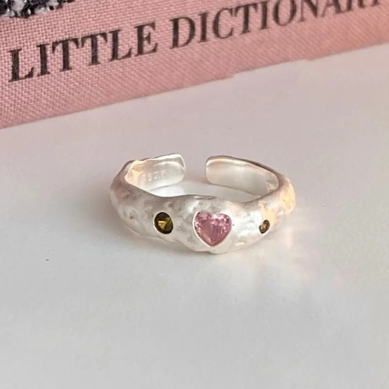 New Sweet Personality 925 Sterling Silver Adjustable Irregularly Texture Heart-shaped Pink Crystal Ring for Woman Korean Jewelry