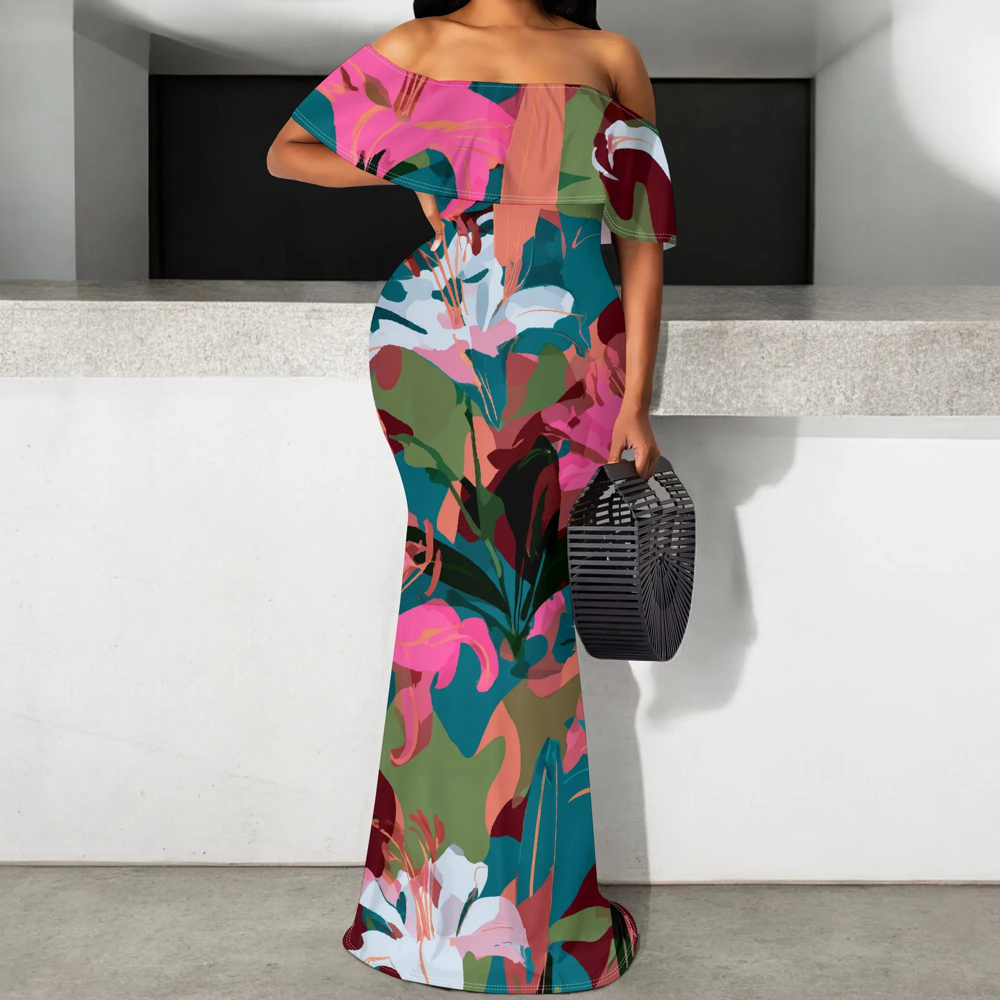 

Women's Floral Maxi Dress Off Shoulder Ruffle Sleeve Sexy Bodycon Dress for Evening Party Wedding Guest S-3XL