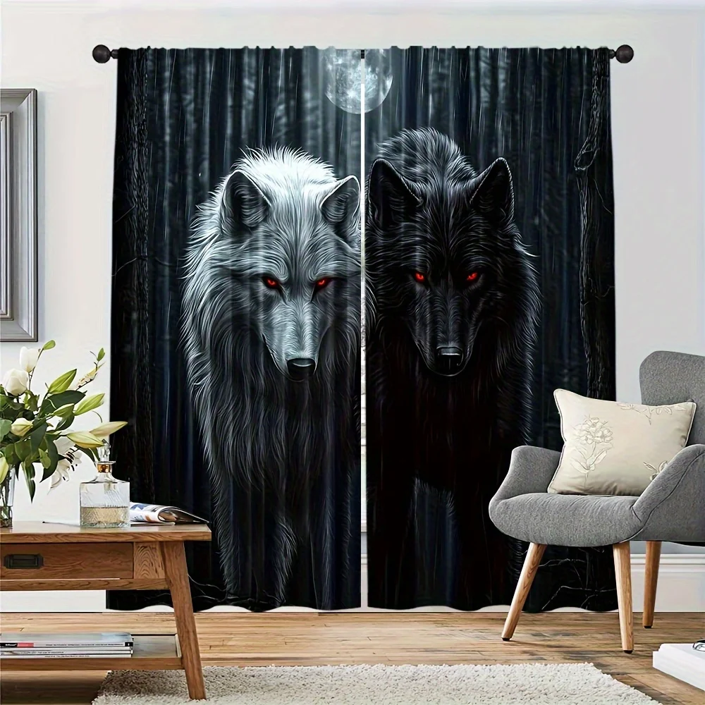 

Черно-белый занавес с изображением волка с красными глазами для гостиной, обеспечивающий уединение и декор, в стиле фэнтези с животными мотивами. Без карниза.