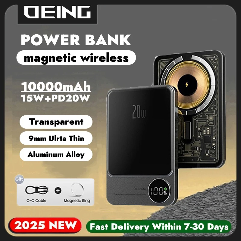 

New Transparent Alloy Macsafe Powerbank Magnetic Wireless Charger For Magsafe Power Bank Spare Battery For iPhone Xiaomi Samsung