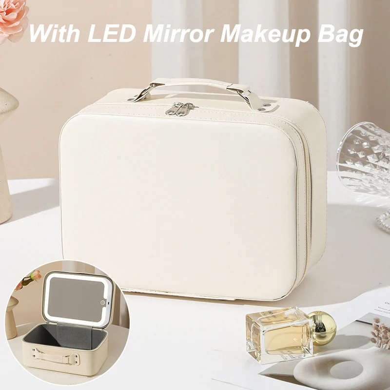 Fashion Pure Color With Led Mirror Makeup Bags Large Capacity Storage Makeup Bag Portable Cosmetics With Gift Storage Bag