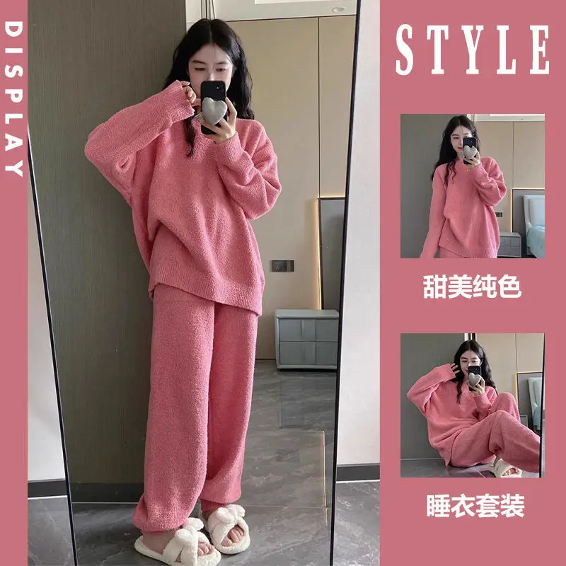 Korean Version Of High-end Solid Color Semi Flannel Sleepwear For Women In Winter With Added Flannel And Thickened Plush Pajamas