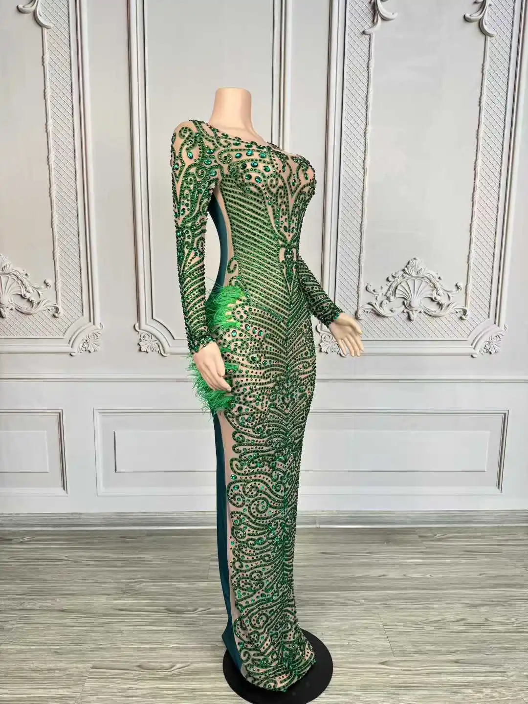 Sexy Elegant Evening Gown Blingbling Green Rhinestones Feather Dress Women Wedding Cocktail Party Photoshoot Stage Wear Costume