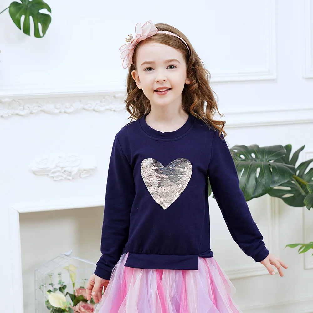 VIKITA Mädchen Hoodies Kleid Kinder Herzform Flipable Pailletten Applizierte Patchwork Kleid Mädchen Tüll Mesh Layered Tutu Kleider – Detail 4