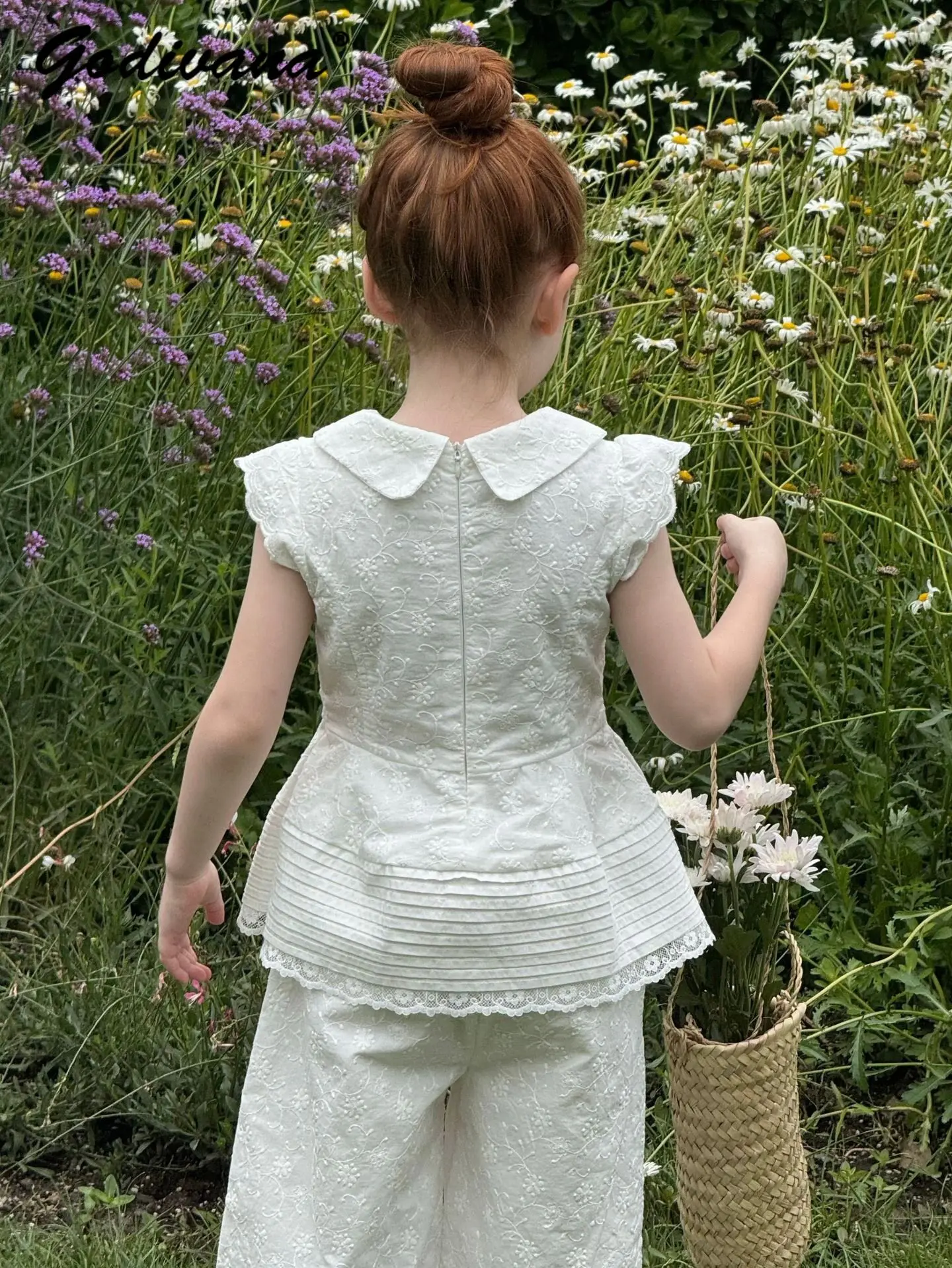Baby Girls Sweet French Sleeveless Sets Kids 2026 New Spring and Summer Cute Peter Pan Collar Lace Trim Top and Wide Leg Pants