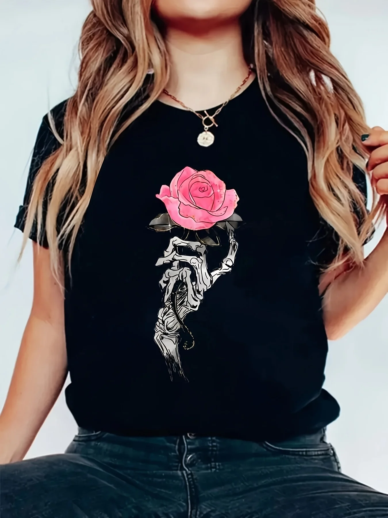

Hand Bone Rose Graphic Printing Summer Autumn Winter Pure Cotton Men's and Women's T-shirt Short Sleeve Luxury Outdoor Sports