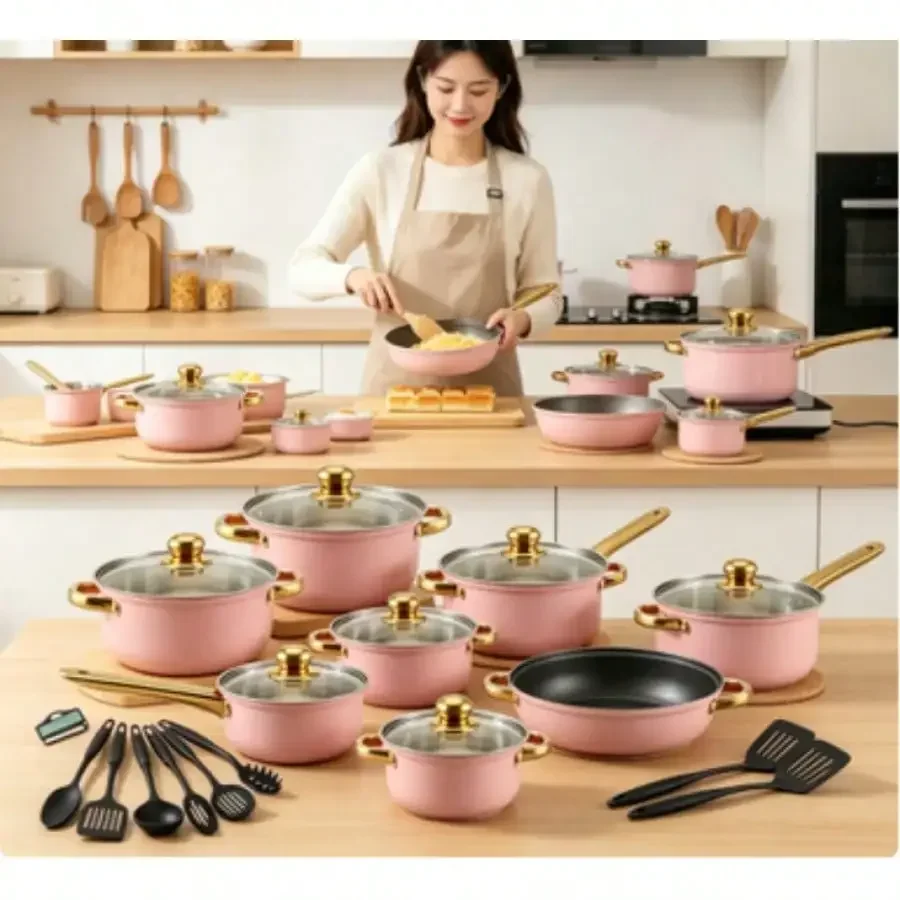 Pink/Red/Orange/Black 18-Piece Stainless Steel Pot Collection, Practical Kitchen Cookware Works For All Common Household Hobs(Random Pink,Red,Orange Or Black)