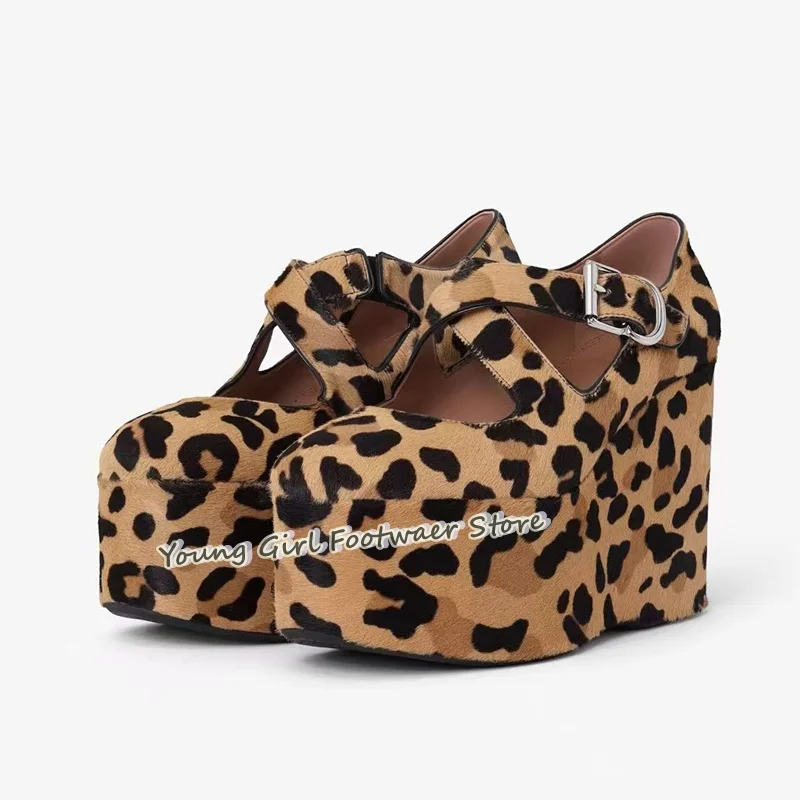 

Leopard Print Suede Women's Shoes Round Head And Thick Bottom Cross Buckle Flats Mary Jane High Heels Women's Luxury High Heels