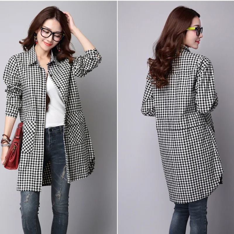 2024 Spring Autumn New Long Sleeved Checkered Casual Shirt for Women Mid Length Bottom Loose Size Cardigan Trendy Plaid Coat Top