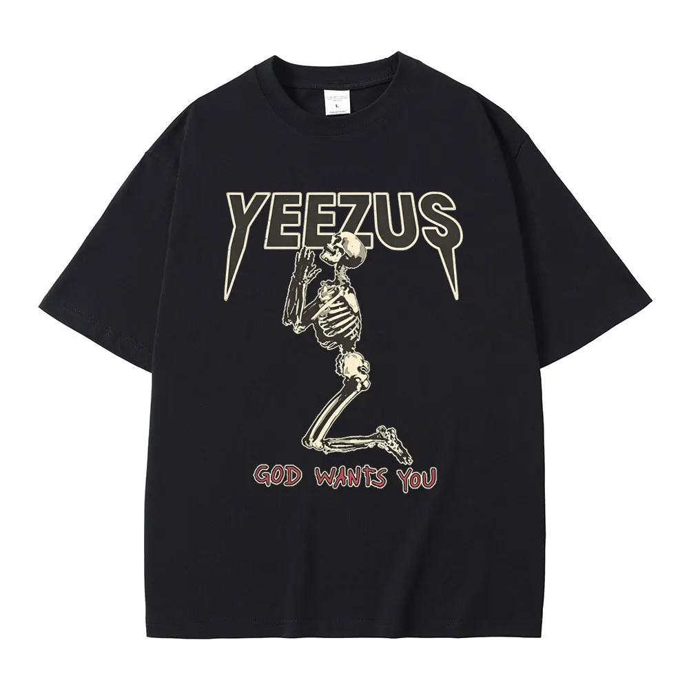Rapper Kanye West Jesus God Wants You T Shirts Vintage Skeleton Graphic T-shirts Men's Women Hip Hop Fashion Oversized T-shirt
