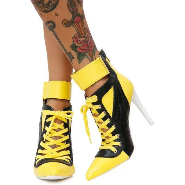 Patchwork Pointed Toe Mid-Calf Women Sport Boots Stiletto High Heels Lace Up Design Large Size Sexy Style Shoes 44