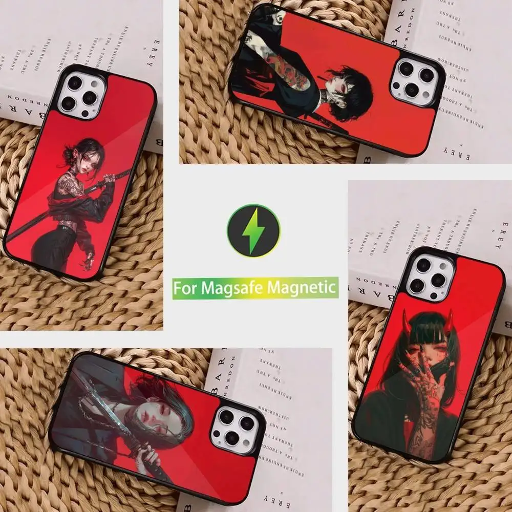 

Painting Art Warrior Woman For iPhone Mini,13,Max,11,15,17,14,Plus,12,Pro,16,For Magsafe,Magnetic Wireless Charging Case