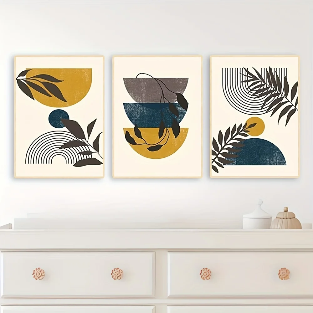 2D Flat, 2D Flat 3pcs Unframed Canvas Painting Abstract Yellow and Blue Nature Sun Leaf Posters and Modern for Living Room Ho